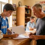 Un jeune joueur de football avec son père à l’accueil d’un club amateur français, près d’un dossier d’inscription vierge et d’un ballon.