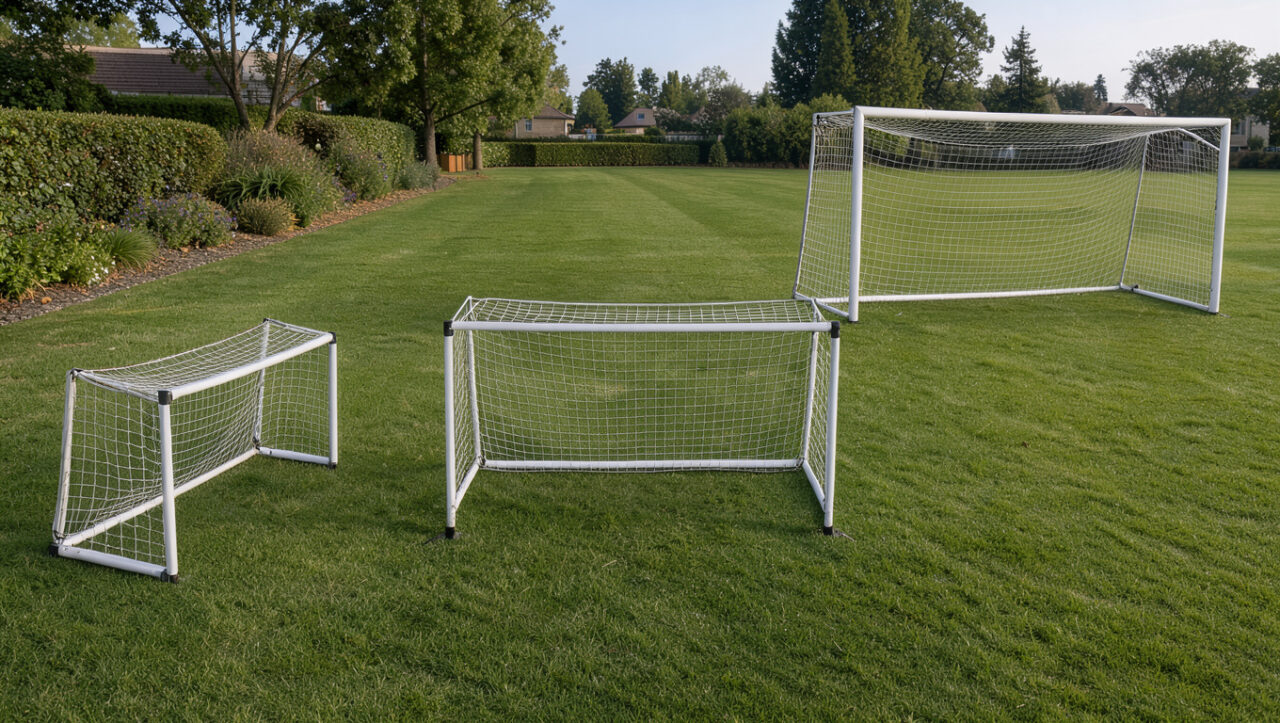 Trois cages de football de tailles différentes installées sur une pelouse verte, illustrant des usages pour le jardin, l’entraînement et le club.