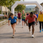 Départ d’une course à pied dans un village français, avec des coureurs amateurs sous une arche et des bénévoles en chasubles colorées.