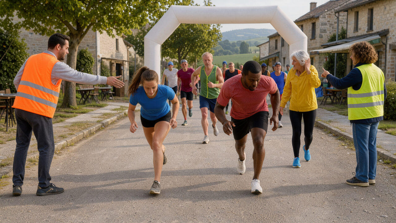 Départ d’une course à pied dans un village français, avec des coureurs amateurs sous une arche et des bénévoles en chasubles colorées.