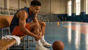 Un jeune homme assis sur un banc de salle de sport soutient doucement son genou après un entraînement de basket, avec un ballon posé à proximité.