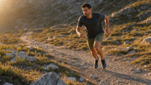 Un homme court sur un chemin de montagne caillouteux avec ses chaussures de running.