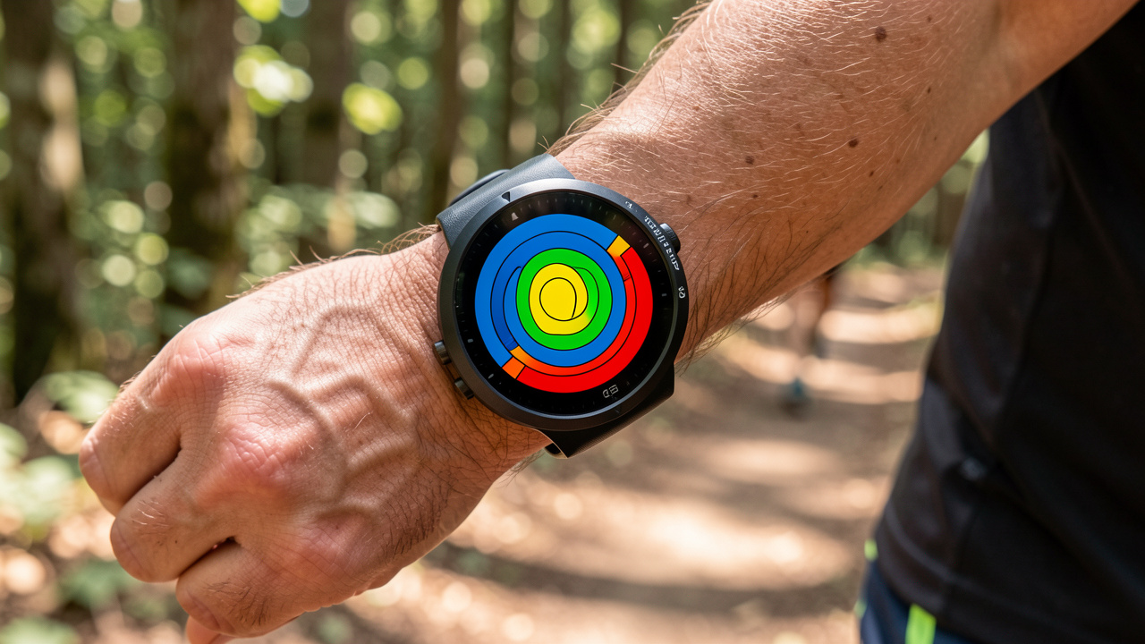 Gros plan sur le poignet d’un coureur portant une montre GPS affichant des zones cardiaques colorées, sur un sentier forestier ensoleillé.